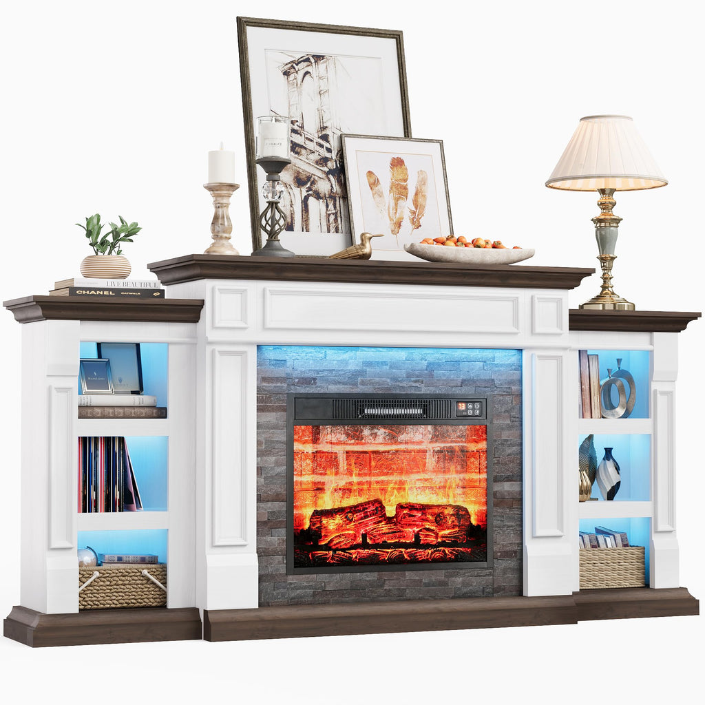 Naice 72" Electric Fireplace with Mantel and Cabinets, Fireplace TV Stand for Living Room Bedroom, Stacked Stone Surround and Remote Control 3D Realistic Flame, Black