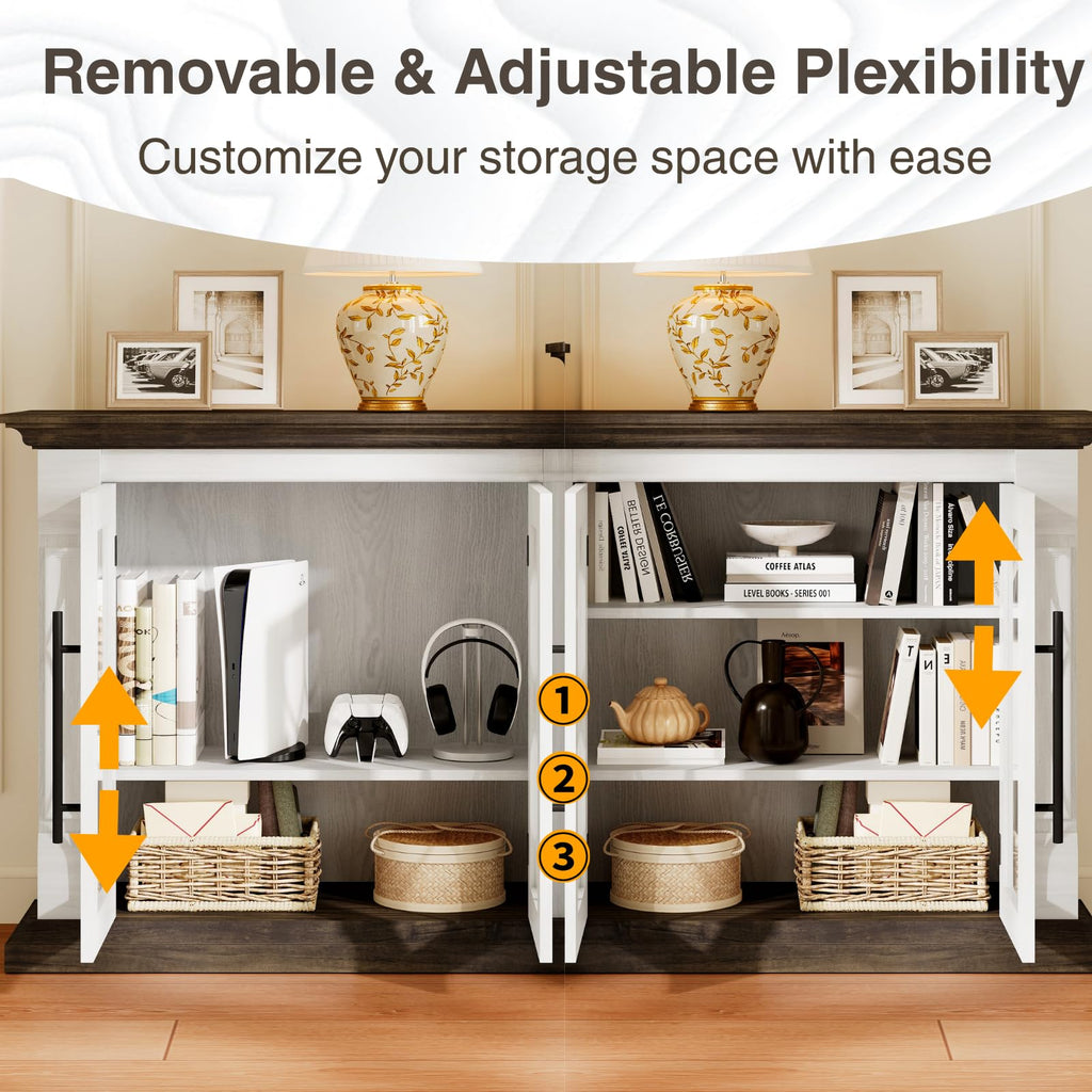 Naice Large Buffet Cabinet with Storage, 60" Sideboard Cabinets with 4 Tempered Glass Doors, Modern Farmhouse Coffee Bar Cabinet, Kitchen Buffet Table with Adjustable Shelf for Living Dining Room