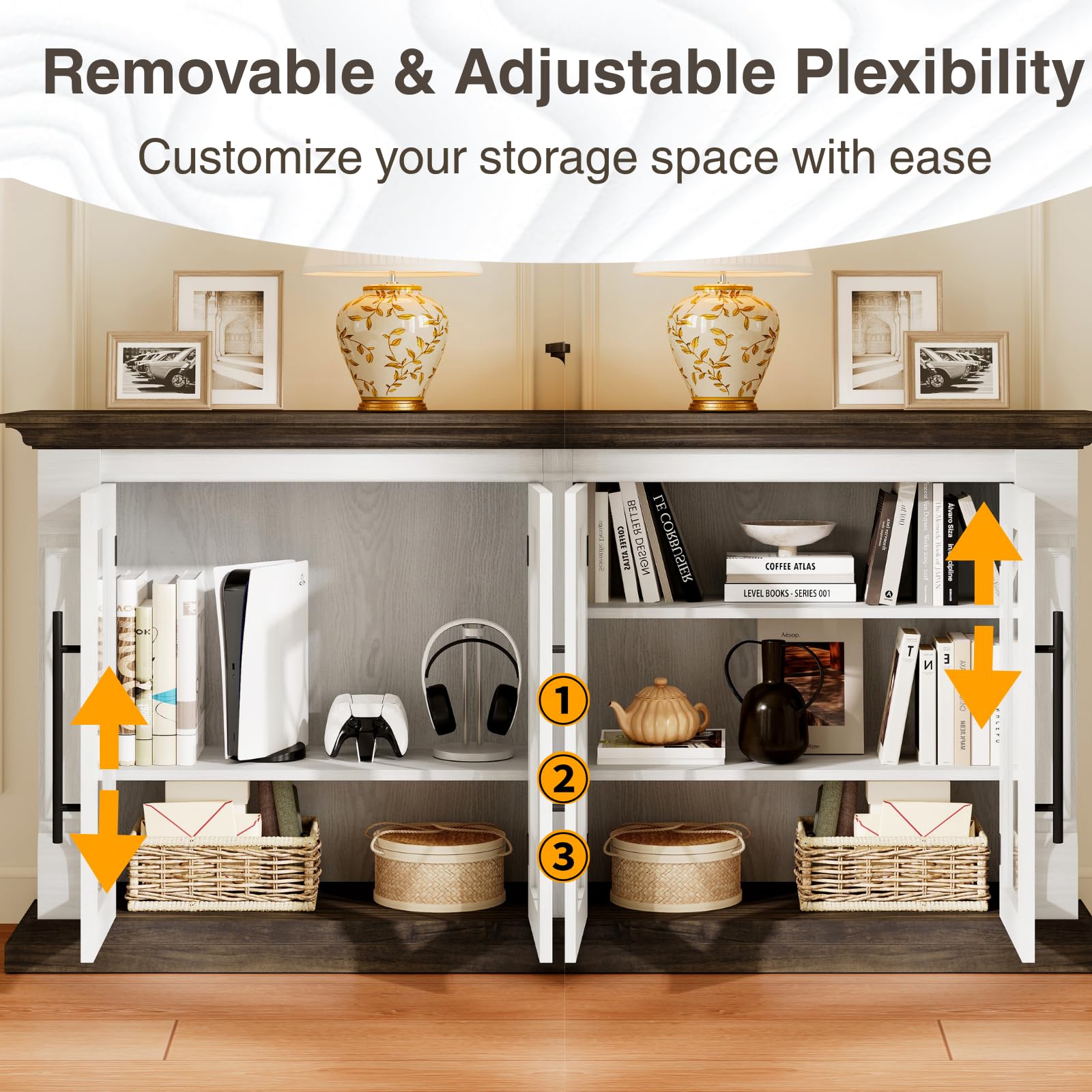 Naice Large Buffet Cabinet with Storage, 60" Sideboard Cabinets with 4 Tempered Glass Doors, Modern Farmhouse Coffee Bar Cabinet, Kitchen Buffet Table with Adjustable Shelf for Living Dining Room