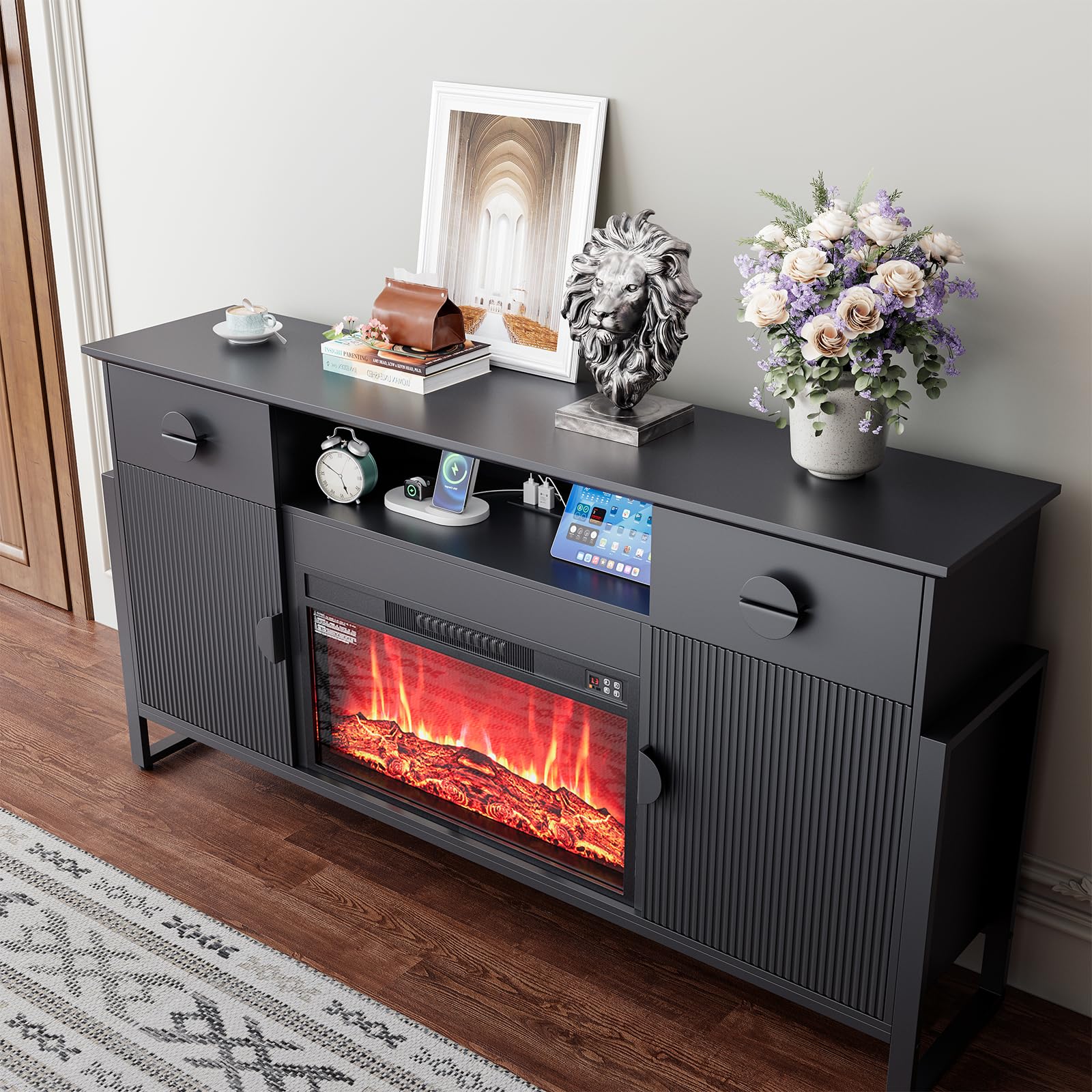 Naice TV Stand for 80 Inch TVs, LED Entertainment Center with Power Outlet, Farmhouse TV Stand w/Drawers & Sliding Barn Door, Media Console with Storage Cabinets for Living Room, White&Brown