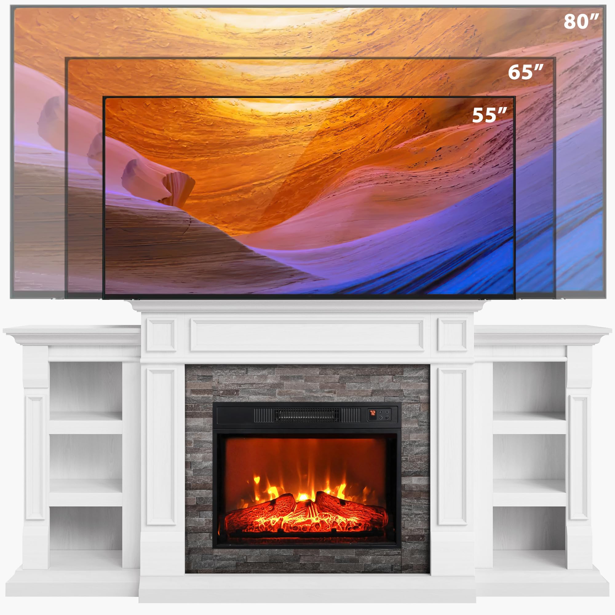 Naice 72" Electric Fireplace with Mantel and Cabinets, Fireplace TV Stand for Living Room Bedroom, Stacked Stone Surround and Remote Control 3D Realistic Flame