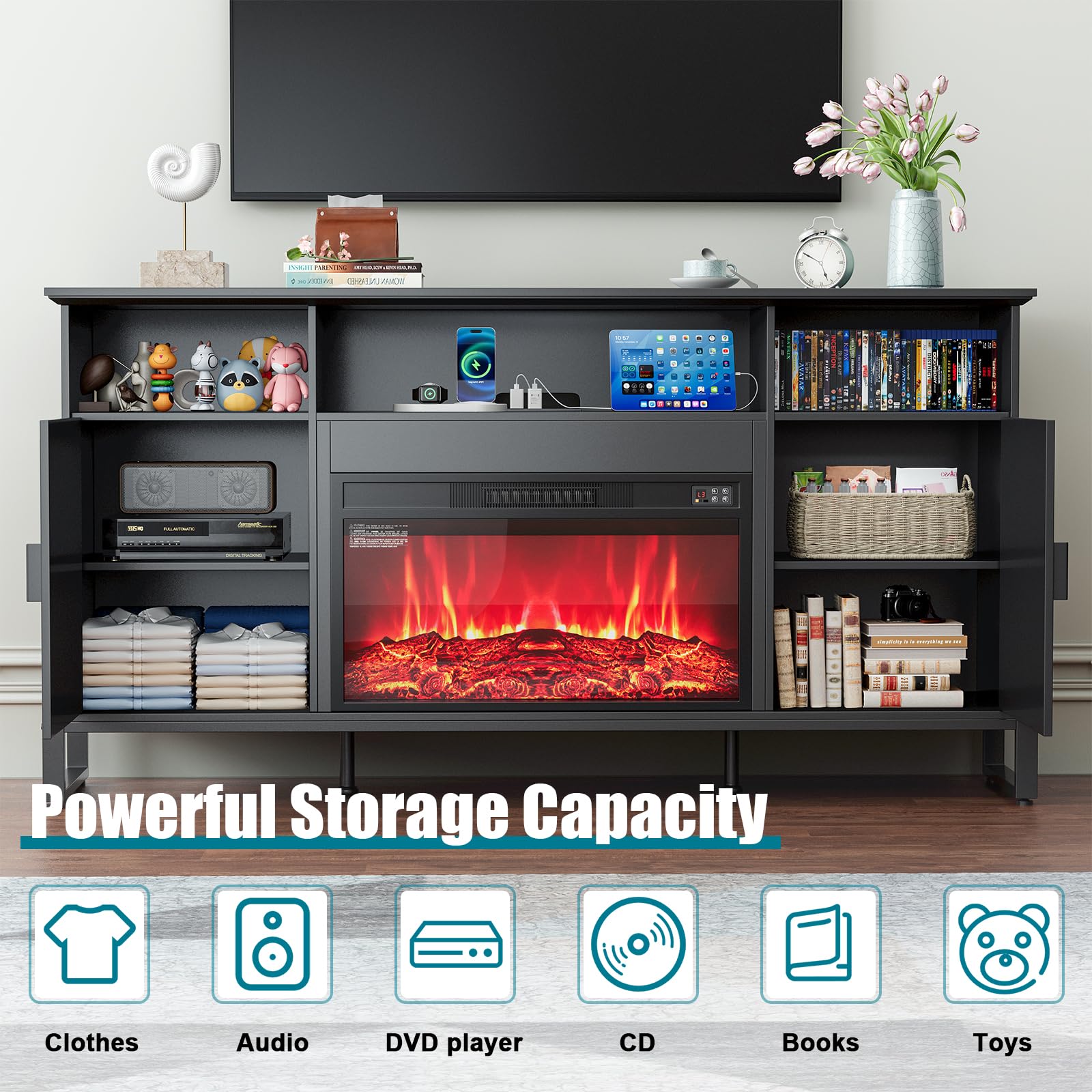 Naice TV Stand for 80 Inch TVs, LED Entertainment Center with Power Outlet, Farmhouse TV Stand w/Drawers & Sliding Barn Door, Media Console with Storage Cabinets for Living Room, White&Brown