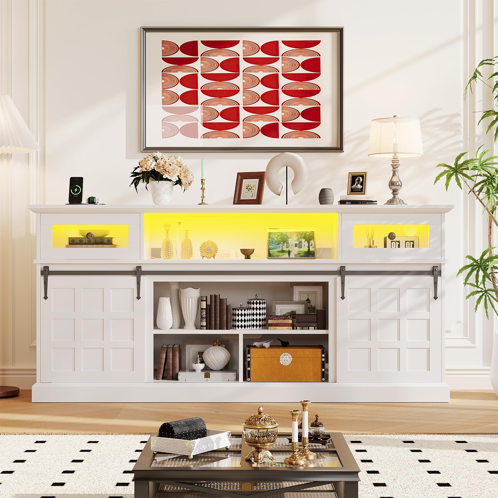 Naice TV Stand for 80 Inch TVs, LED Entertainment Center with Power Outlet, Farmhouse TV Stand w/Drawers & Sliding Barn Door, Media Console with Storage Cabinets for Living Room, White&Brown