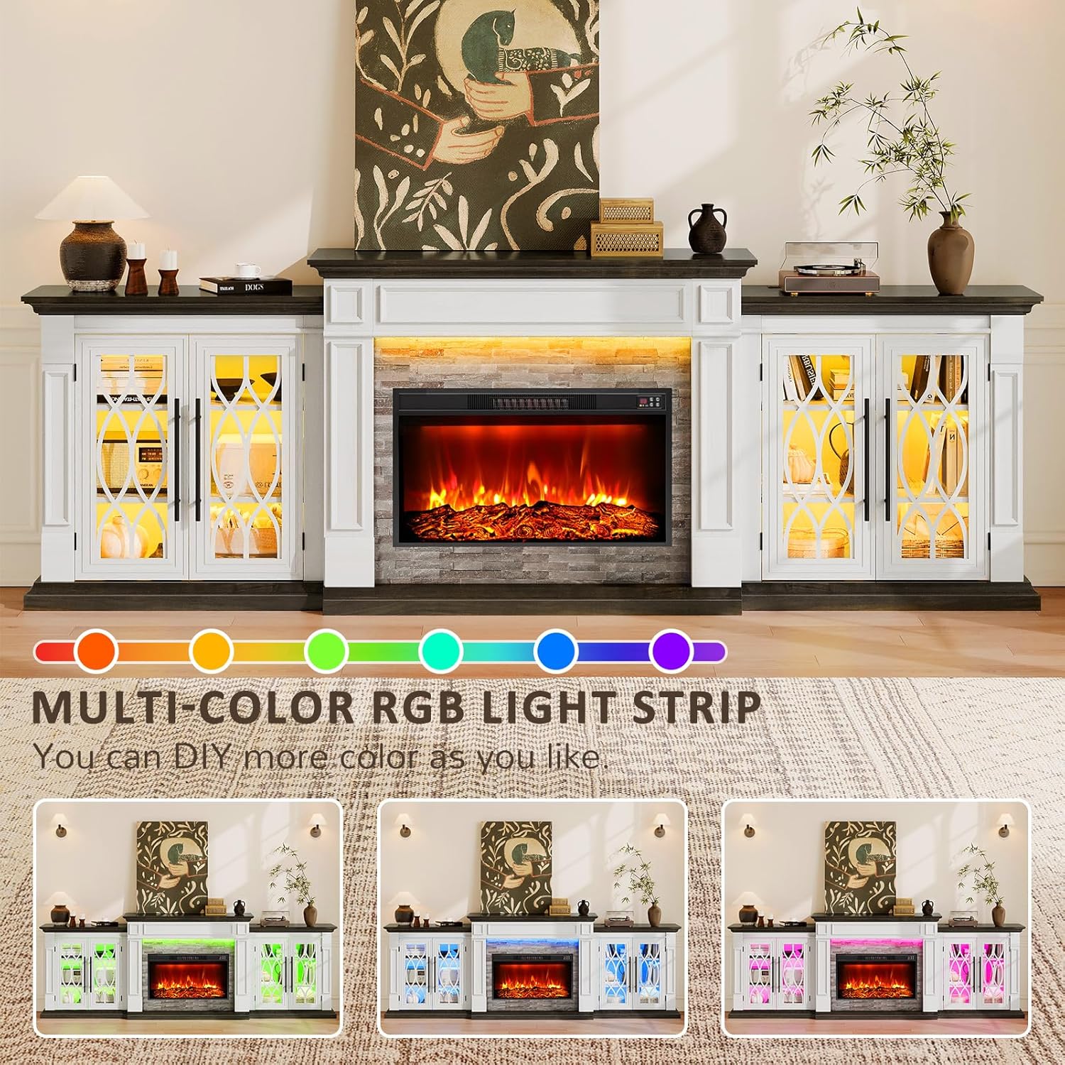 Naice 72" Electric Fireplace with Mantel and Cabinets, Fireplace TV Stand for Living Room Bedroom, Stacked Stone Surround and Remote Control 3D Realistic Flame, Black