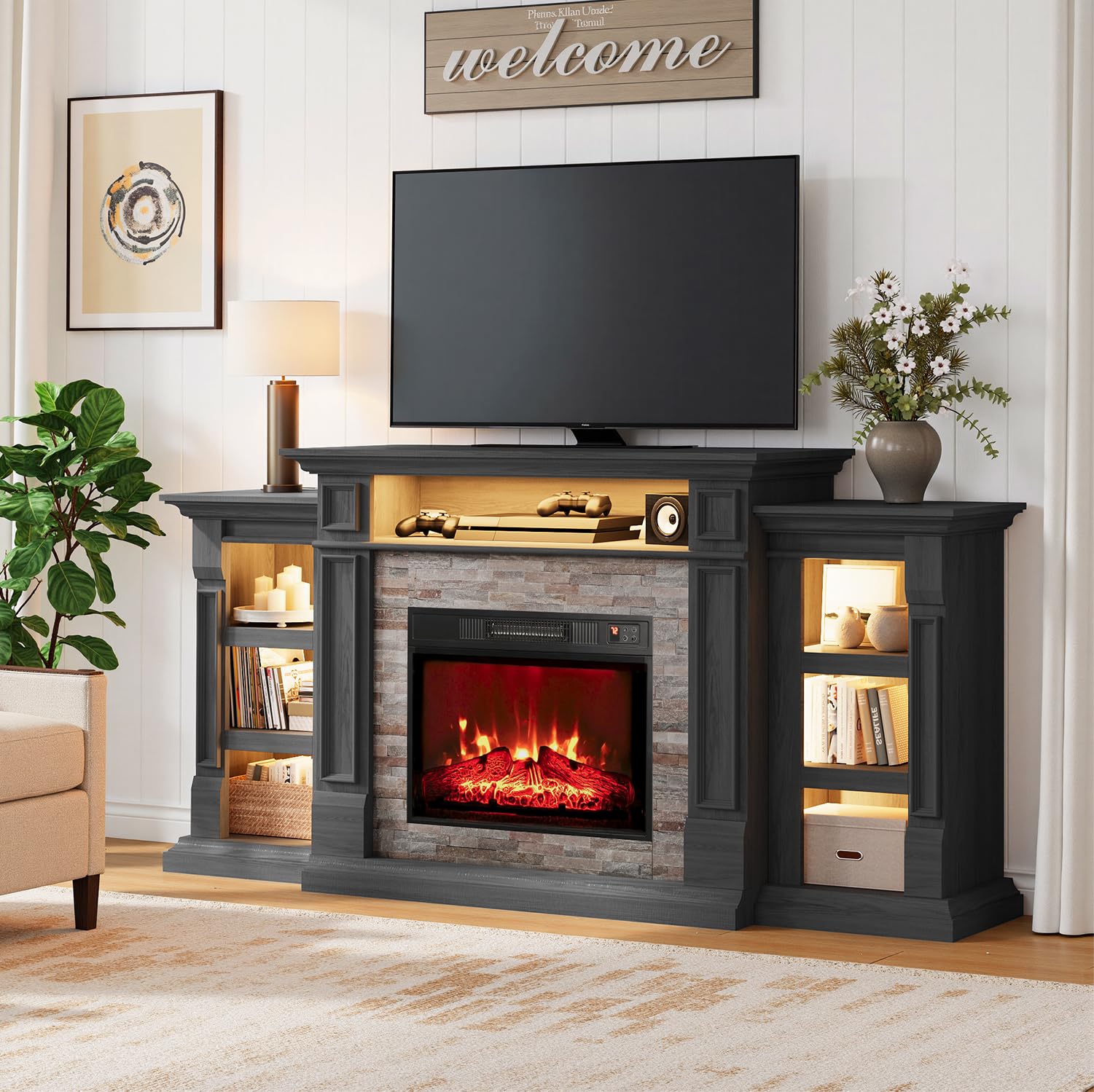 Naice 72" Electric Fireplace with Mantel and Cabinets