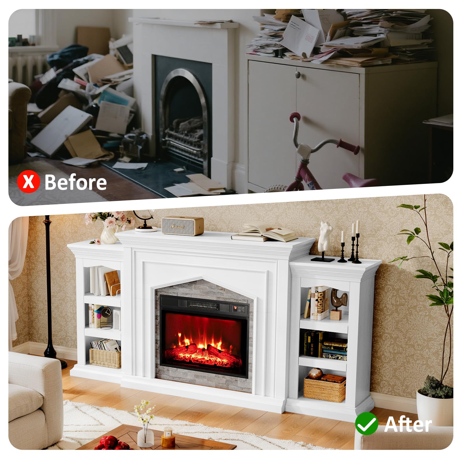 Naice 80" Electric Fireplace with Mantel, Fireplace TV Stand for TVs Up to 90in, Farmhouse Entertainment Center with Storage Cabinets, 23" Insert Heater w/Realistic Flame for Living Room, White