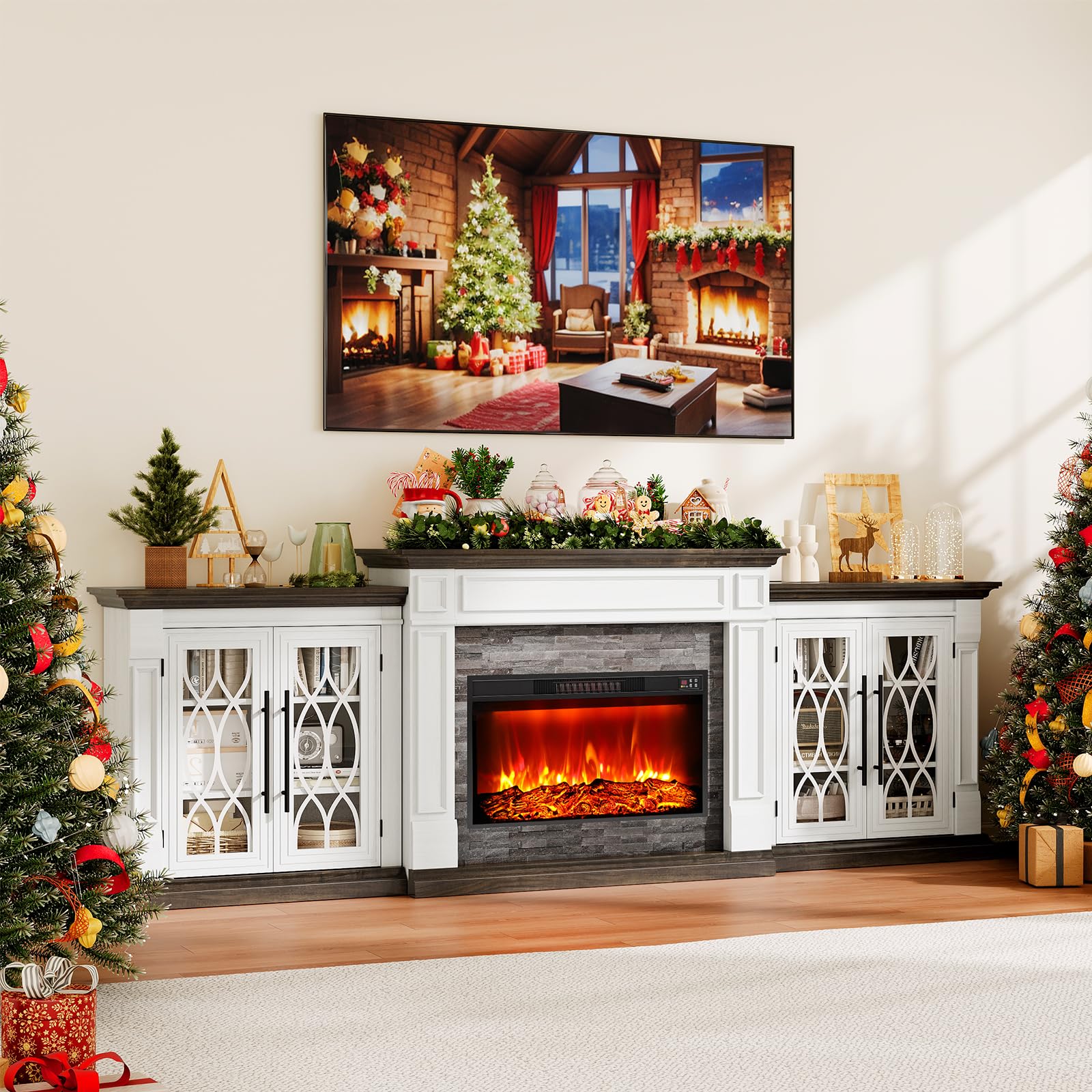Naice 72" Electric Fireplace with Mantel and Cabinets
