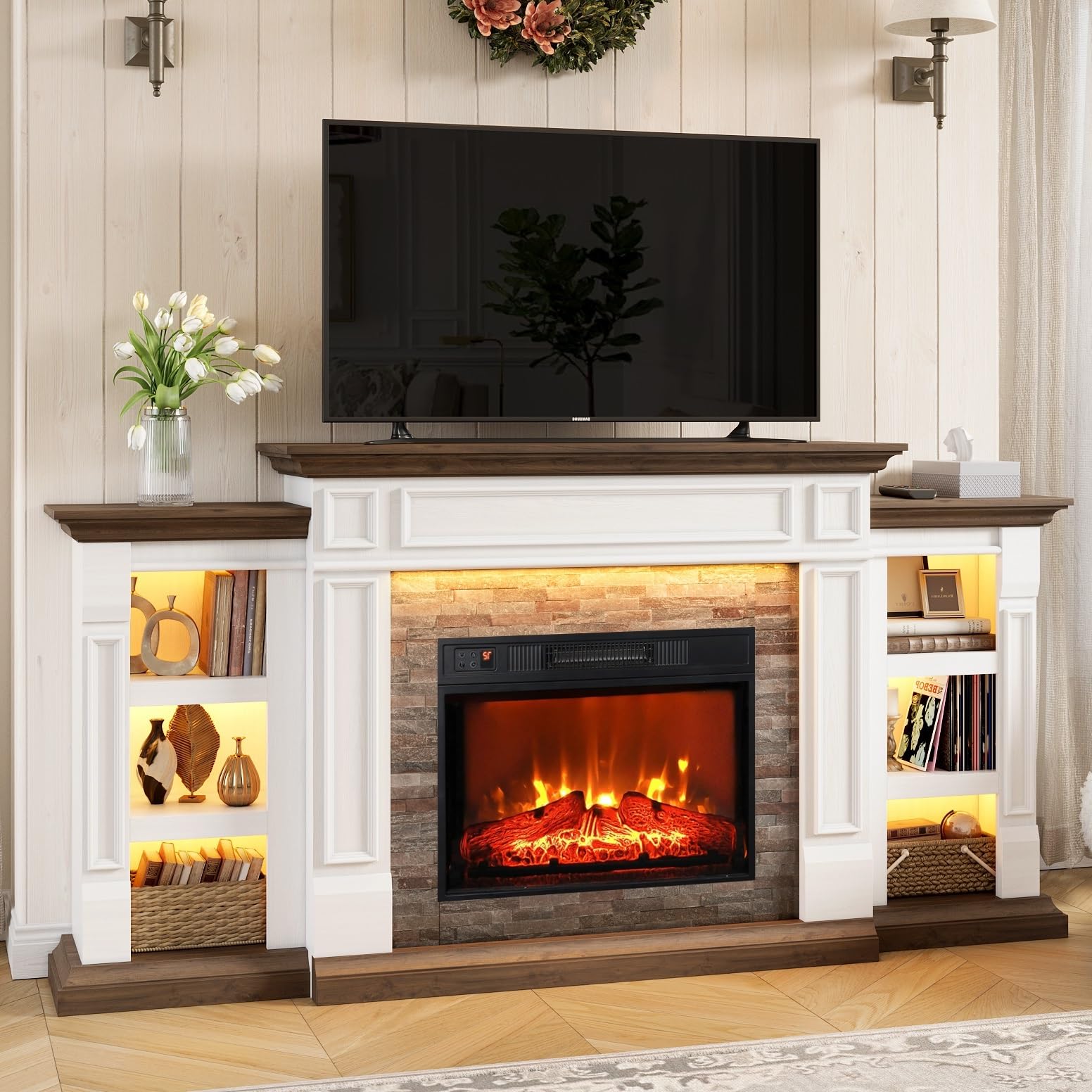 44" Electric Fireplace Mantel, LED Farmhouse TV Stand with Electric Fireplace Heater, Stacked Stone Surround and Remote Control 3D Realistic Flame, White Fireplace for Living Room Bedroom