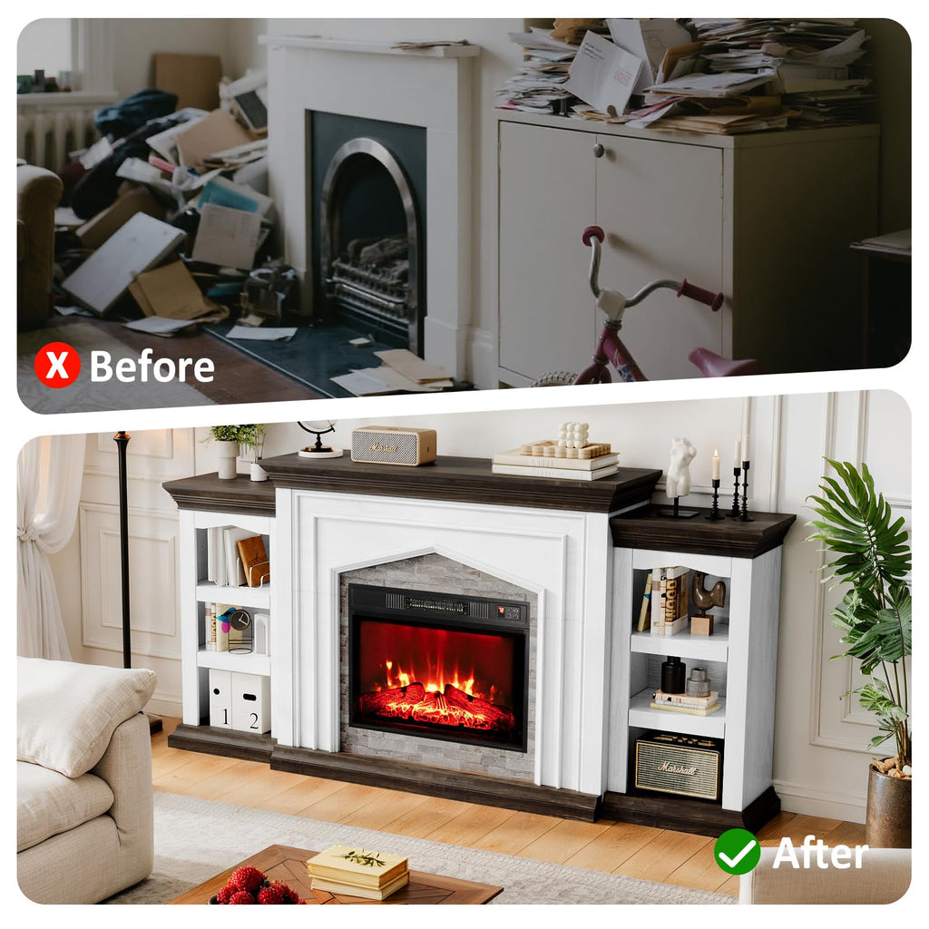 Naice 80" Electric Fireplace with Mantel, Fireplace TV Stand for TVs Up to 90in, Farmhouse Entertainment Center with Storage Cabinets, 23" Insert Heater w/Realistic Flame for Living Room, White