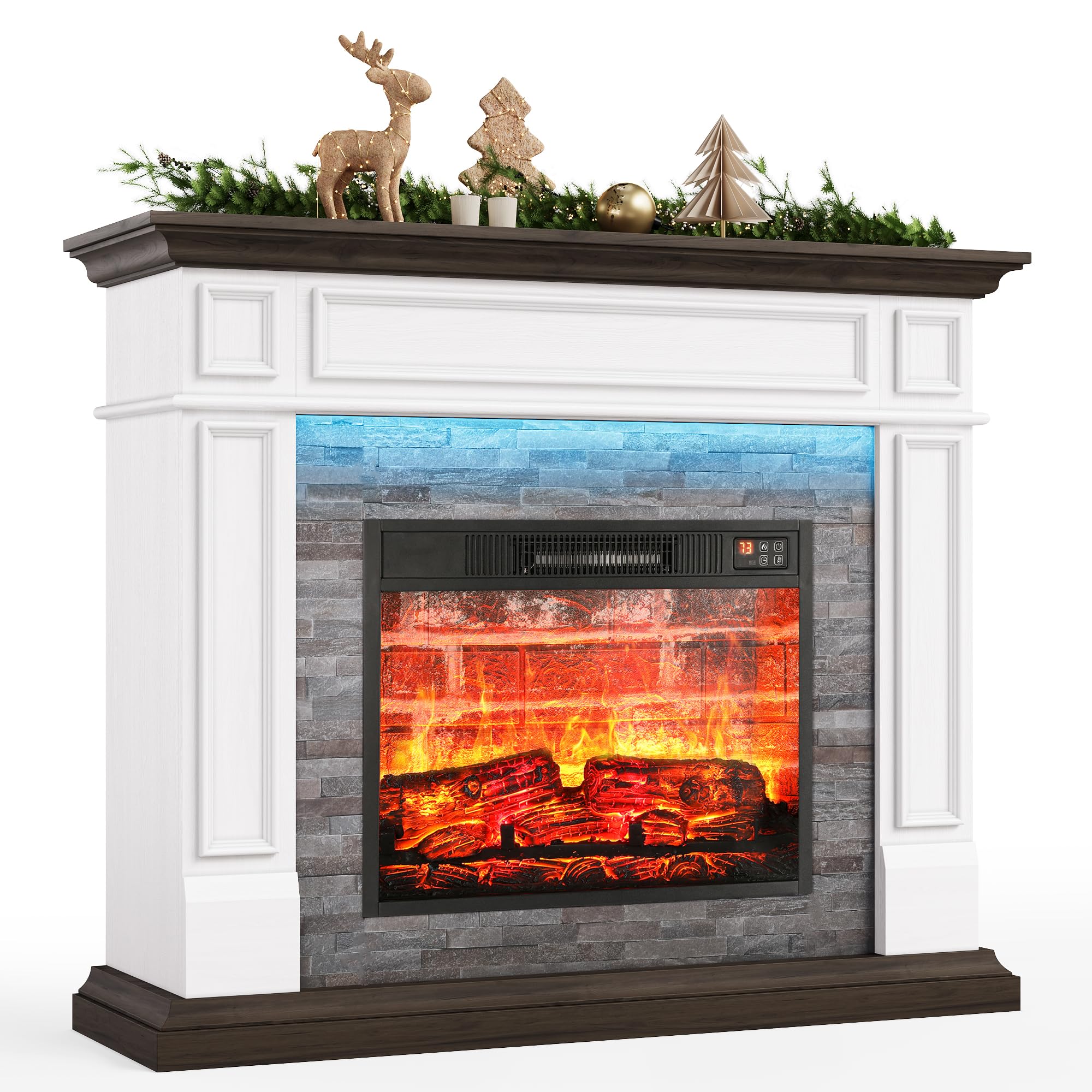 44" Electric Fireplace Mantel, LED Farmhouse TV Stand with Electric Fireplace Heater, Stacked Stone Surround and Remote Control 3D Realistic Flame, White Fireplace for Living Room Bedroom
