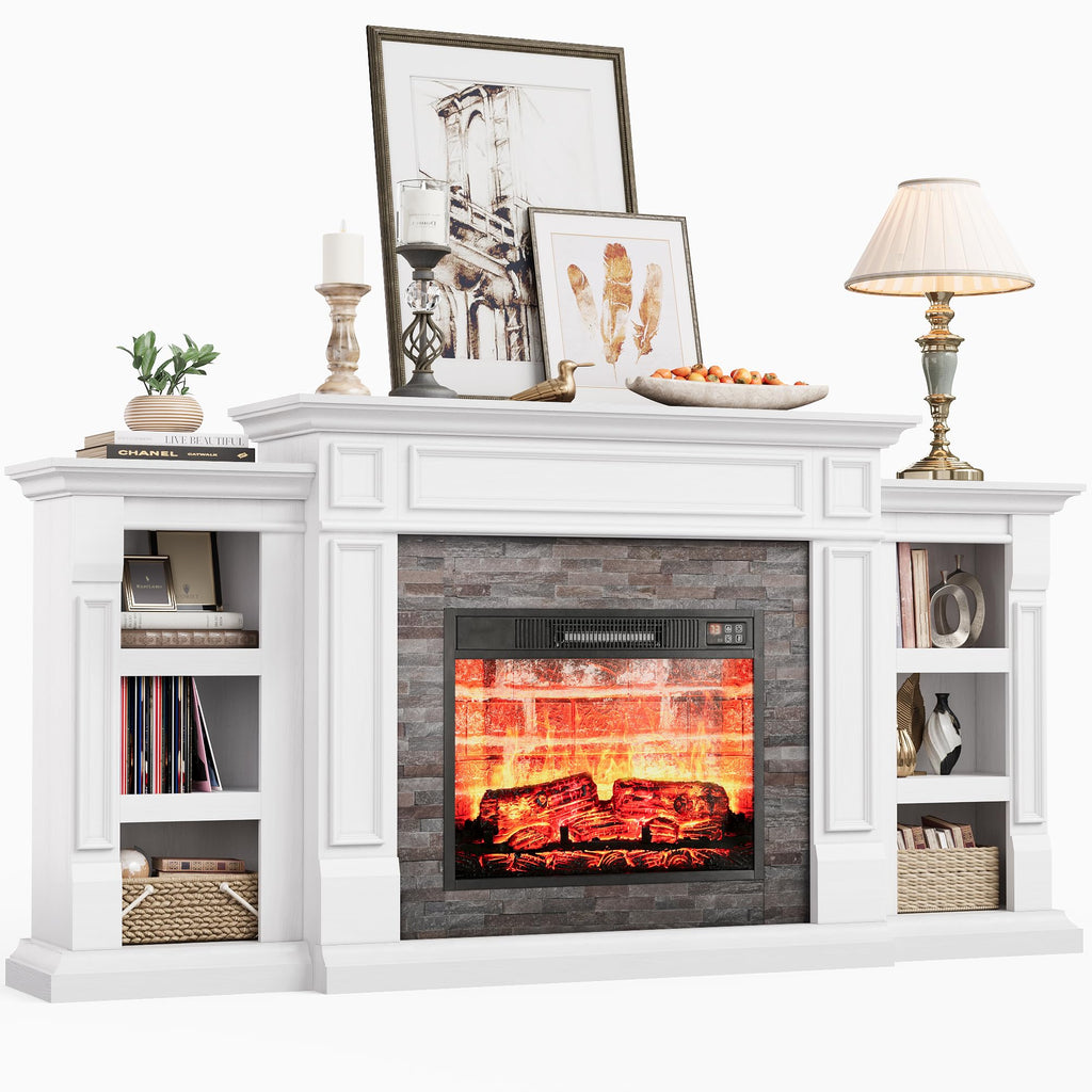 Naice 72" Electric Fireplace with Mantel and Cabinets, Fireplace TV Stand for Living Room Bedroom, Stacked Stone Surround and Remote Control 3D Realistic Flame, Black