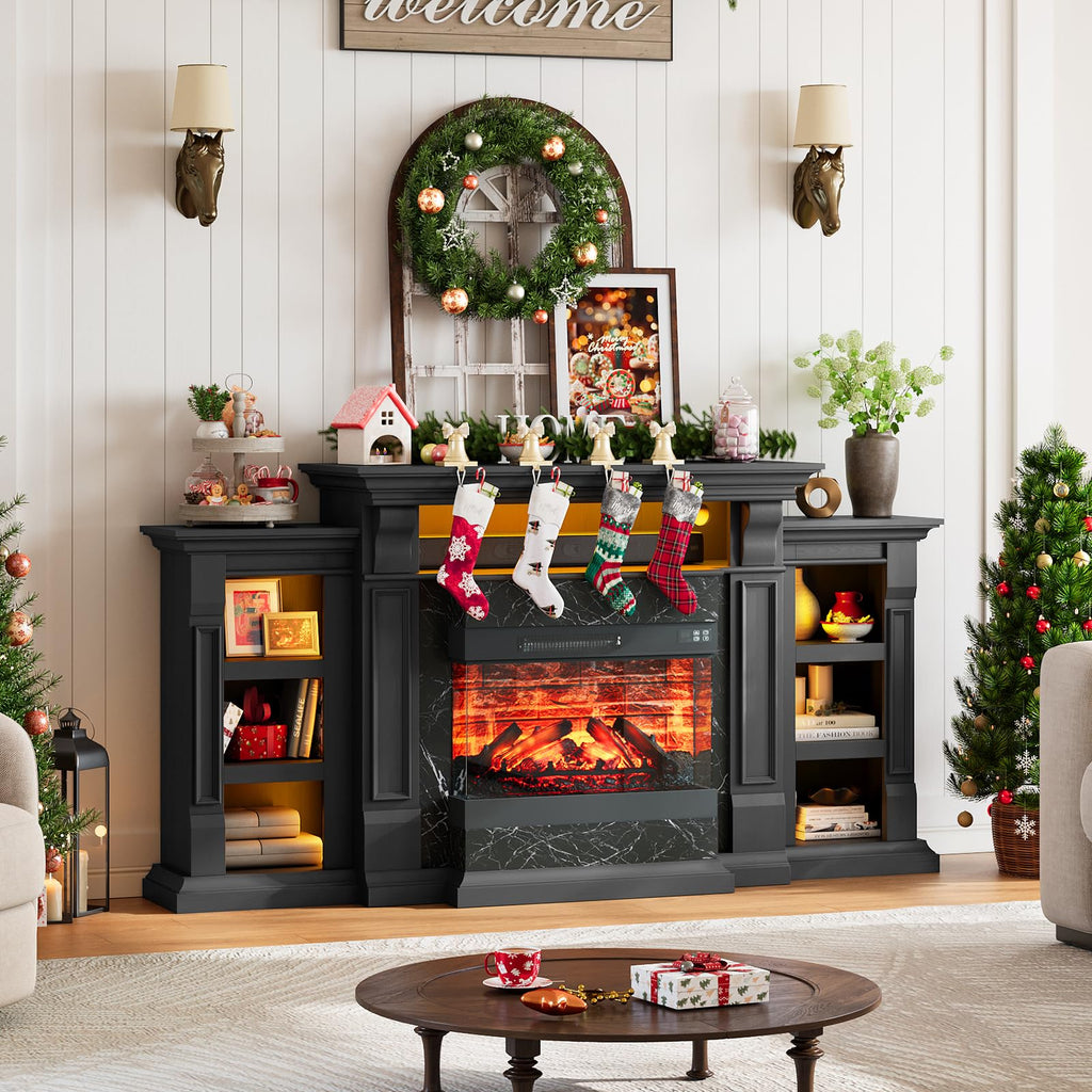 Naice 72" Electric Fireplace with Mantel, Freestanding Fireplace TV Stand with 23" 3-Side Glass Insert Heater for TVs Up to 80",Media Entertainment Center w/Storage Cabinet for Living Room,Black