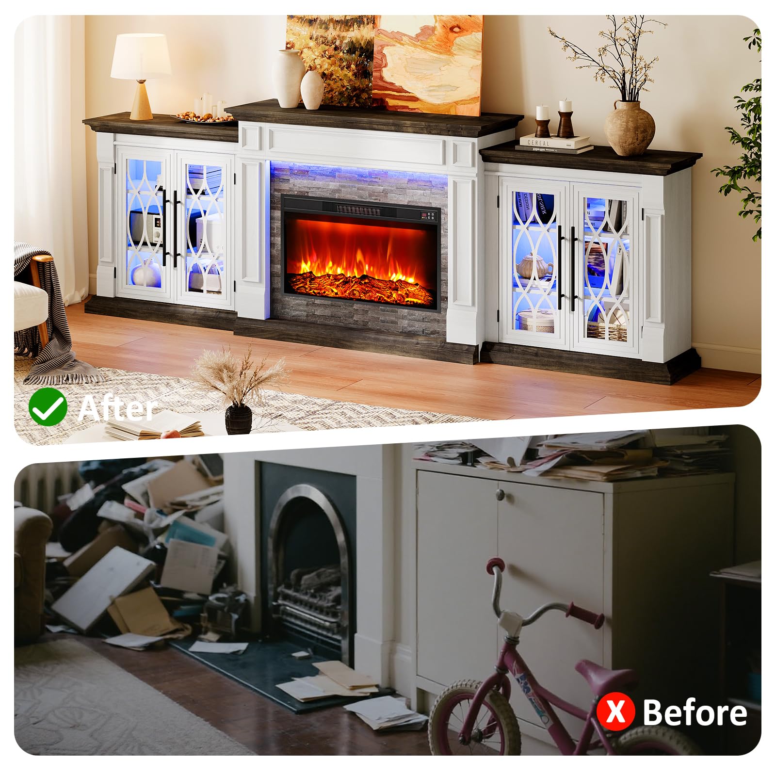 44" Electric Fireplace Mantel, LED Farmhouse TV Stand with Electric Fireplace Heater, Stacked Stone Surround and Remote Control 3D Realistic Flame, White Fireplace for Living Room Bedroom