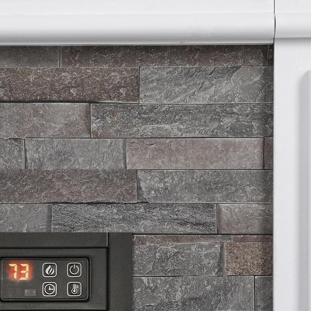 44" Electric Fireplace Mantel, LED Farmhouse TV Stand with Electric Fireplace Heater, Stacked Stone Surround and Remote Control 3D Realistic Flame, White Fireplace for Living Room Bedroom