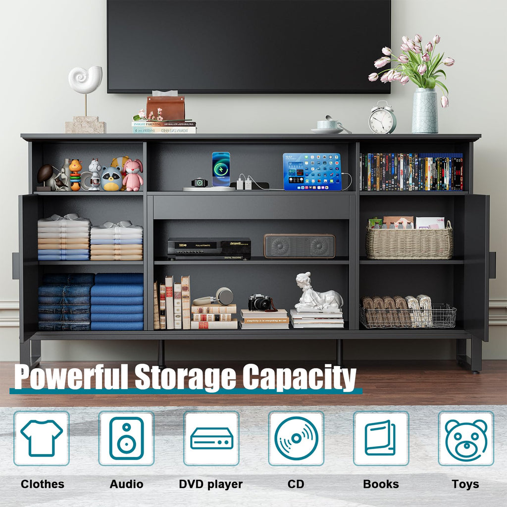 Naice TV Stand for 80 Inch TVs, LED Entertainment Center with Power Outlet, Farmhouse TV Stand w/Drawers & Sliding Barn Door, Media Console with Storage Cabinets for Living Room, White&Brown