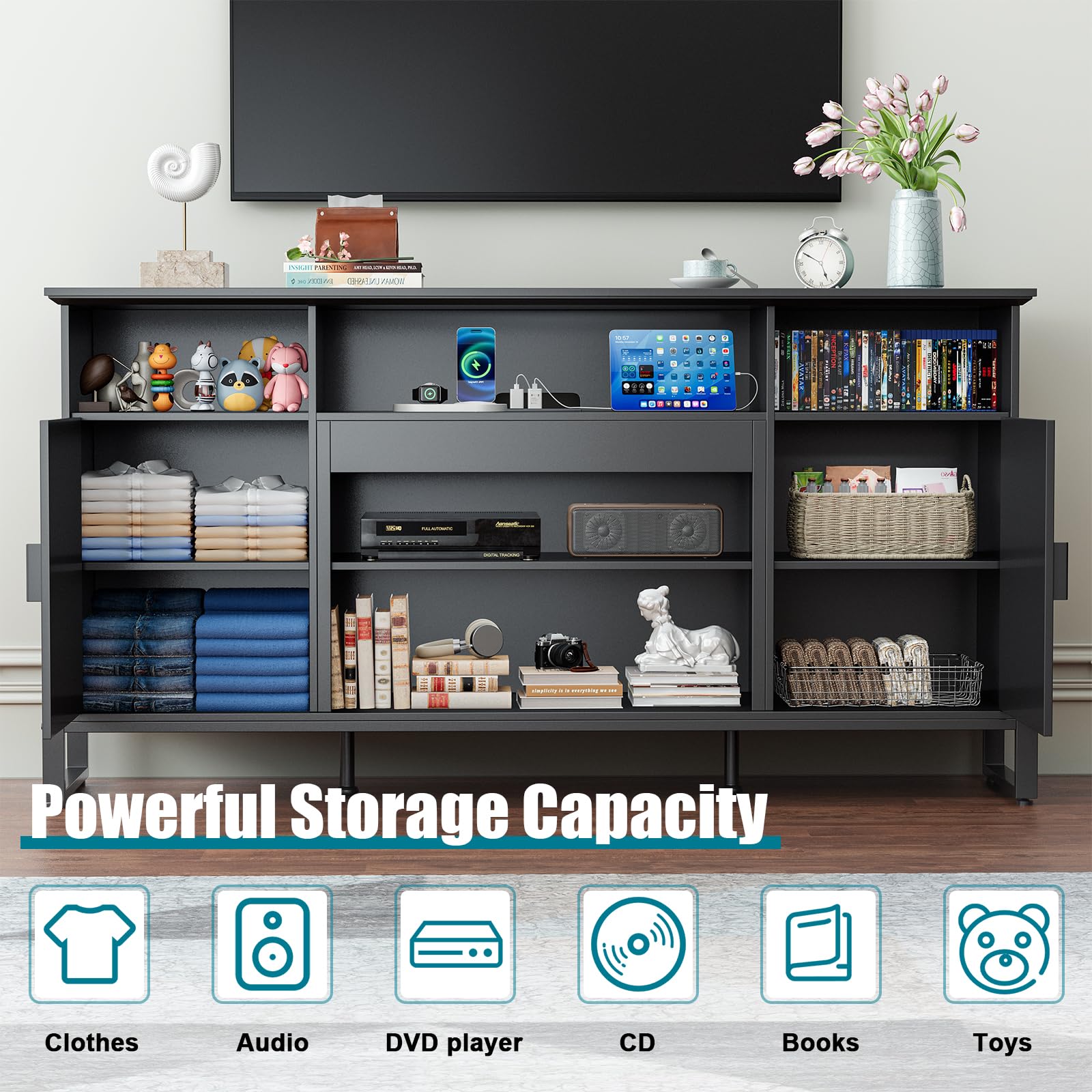 Naice TV Stand for 80 Inch TVs, LED Entertainment Center with Power Outlet, Farmhouse TV Stand w/Drawers & Sliding Barn Door, Media Console with Storage Cabinets for Living Room, White&Brown