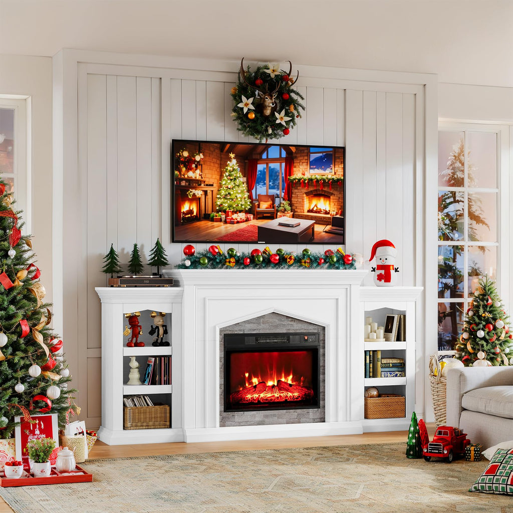 Naice 80" Electric Fireplace with Mantel, Fireplace TV Stand for TVs Up to 90in, Farmhouse Entertainment Center with Storage Cabinets, 23" Insert Heater w/Realistic Flame for Living Room, White