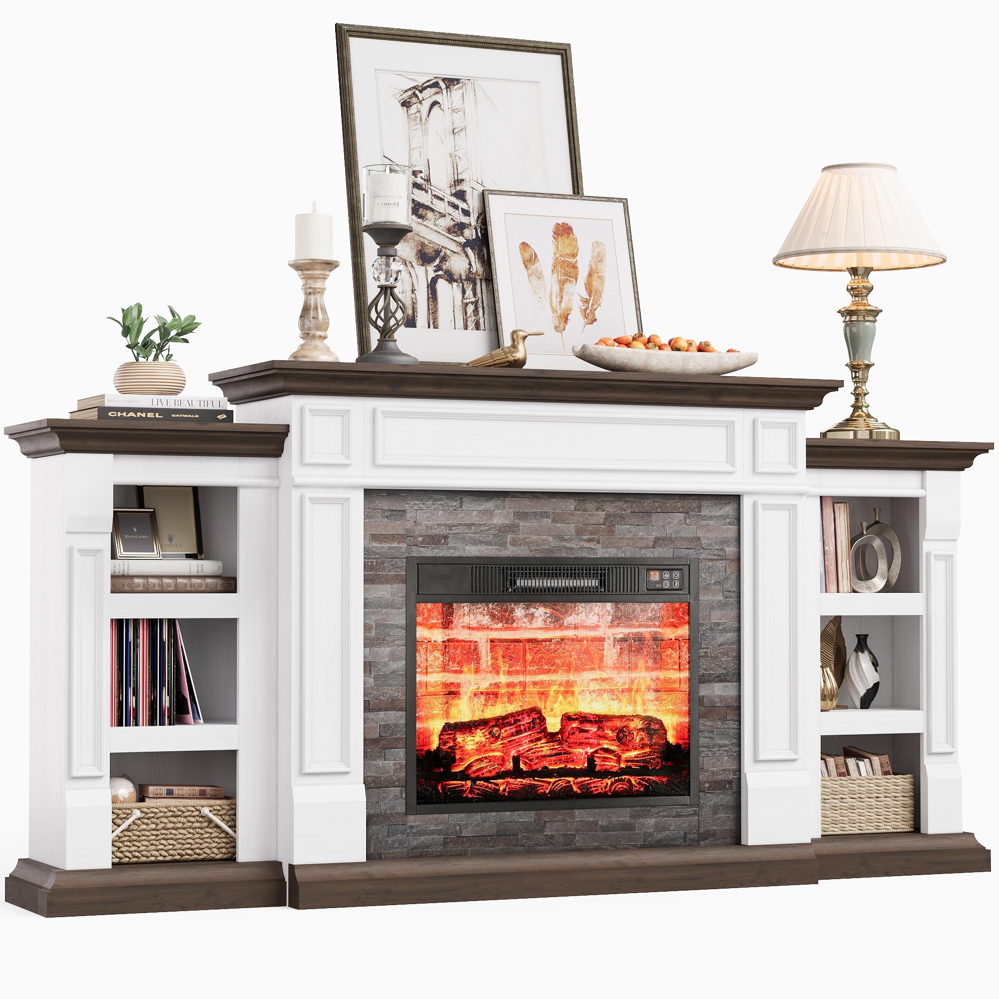 Naice 72" Electric Fireplace with Mantel and Cabinets, Fireplace TV Stand for Living Room Bedroom, Stacked Stone Surround and Remote Control 3D Realistic Flame, Black