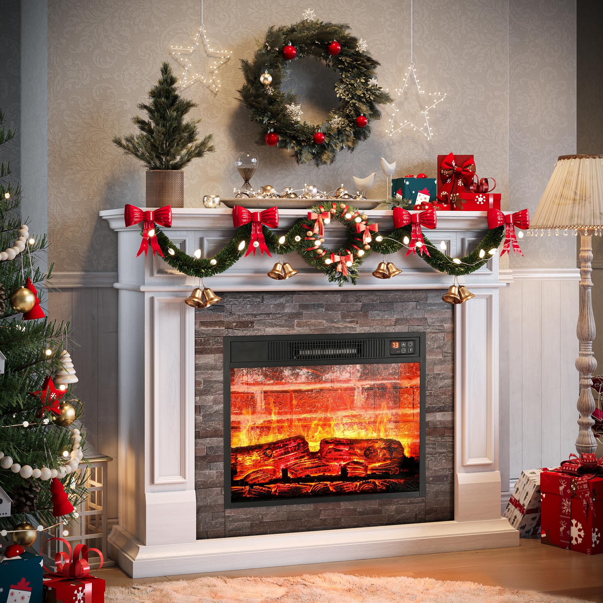 44" Electric Fireplace Mantel, LED Farmhouse TV Stand with Electric Fireplace Heater, Stacked Stone Surround and Remote Control 3D Realistic Flame, White Fireplace for Living Room Bedroom