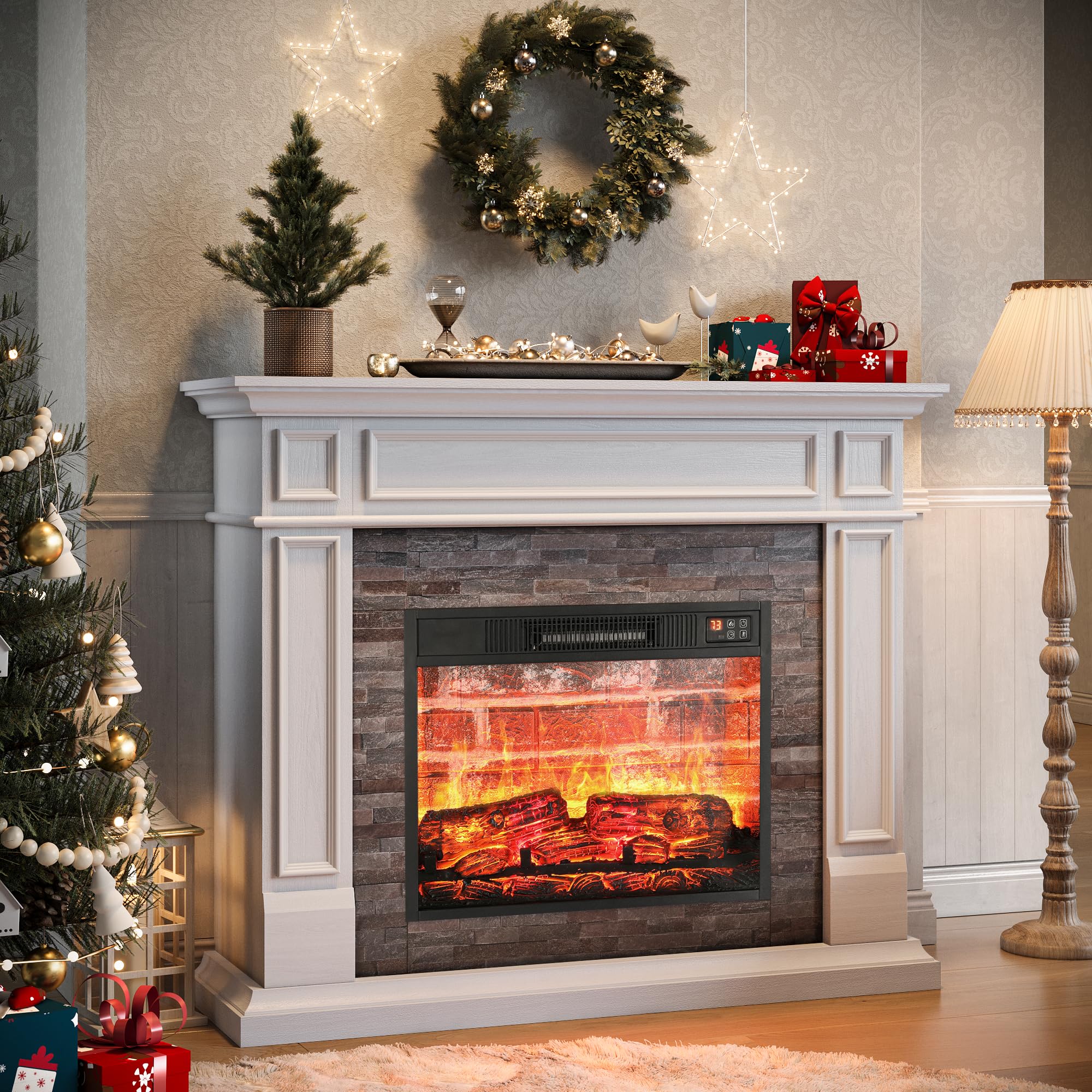 44" Electric Fireplace Mantel, LED Farmhouse TV Stand with Electric Fireplace Heater, Stacked Stone Surround and Remote Control 3D Realistic Flame, White Fireplace for Living Room Bedroom