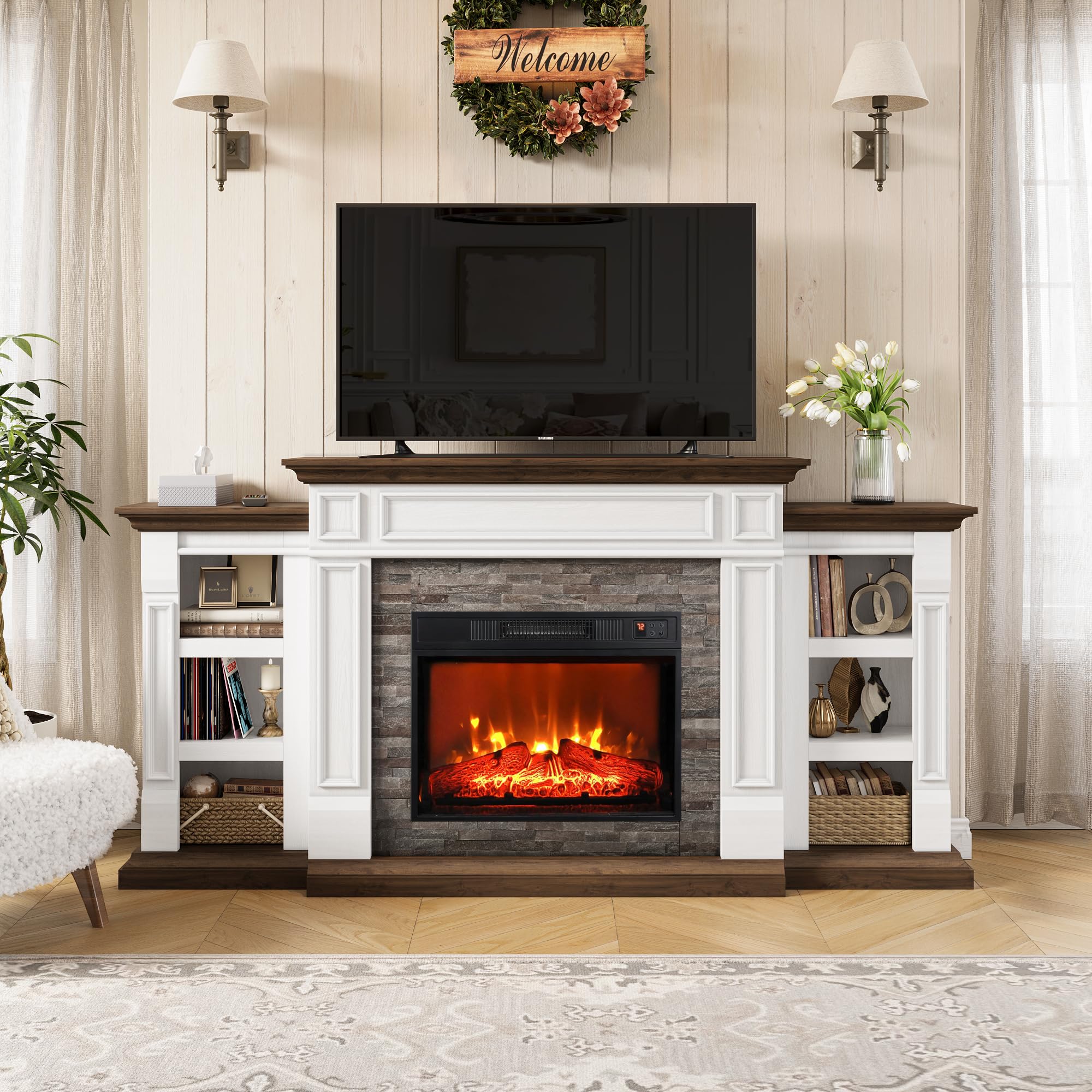 Naice 72" Electric Fireplace with Mantel and Cabinets, Fireplace TV Stand for Living Room